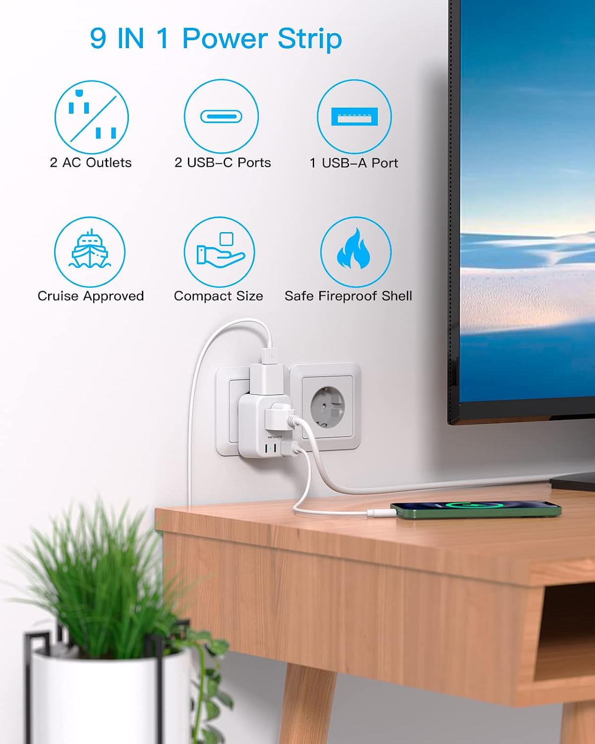 European Travel Plug Adapter, International Power Adapter, US to Europe | HANYCONY 2 Outlets 3 USB Ports(2 USB C), Type C Plug Adapter to Italy Spain France Portugal Iceland Germany Travel Essentials - Image 2