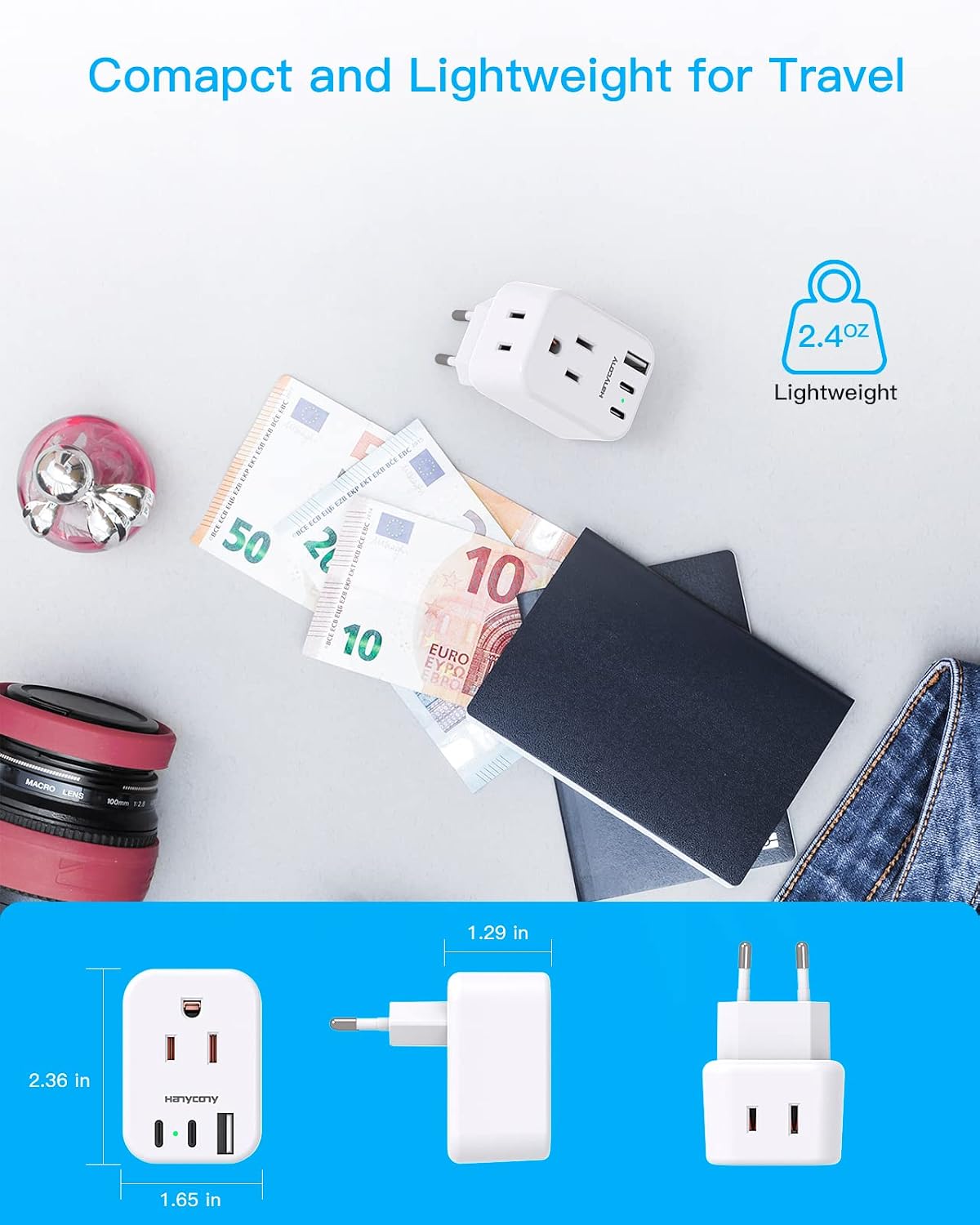 European Travel Plug Adapter, International Power Adapter, US to Europe | HANYCONY 2 Outlets 3 USB Ports(2 USB C), Type C Plug Adapter to Italy Spain France Portugal Iceland Germany Travel Essentials - Image 4