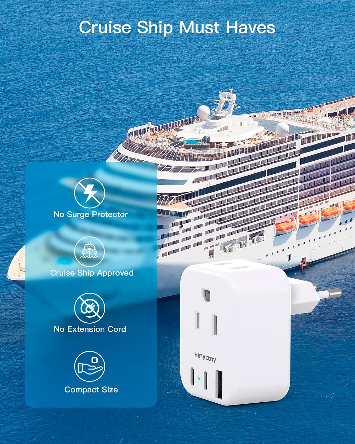 European Travel Plug Adapter, International Power Adapter, US to Europe | HANYCONY 2 Outlets 3 USB Ports(2 USB C), Type C Plug Adapter to Italy Spain France Portugal Iceland Germany Travel Essentials - Image 5