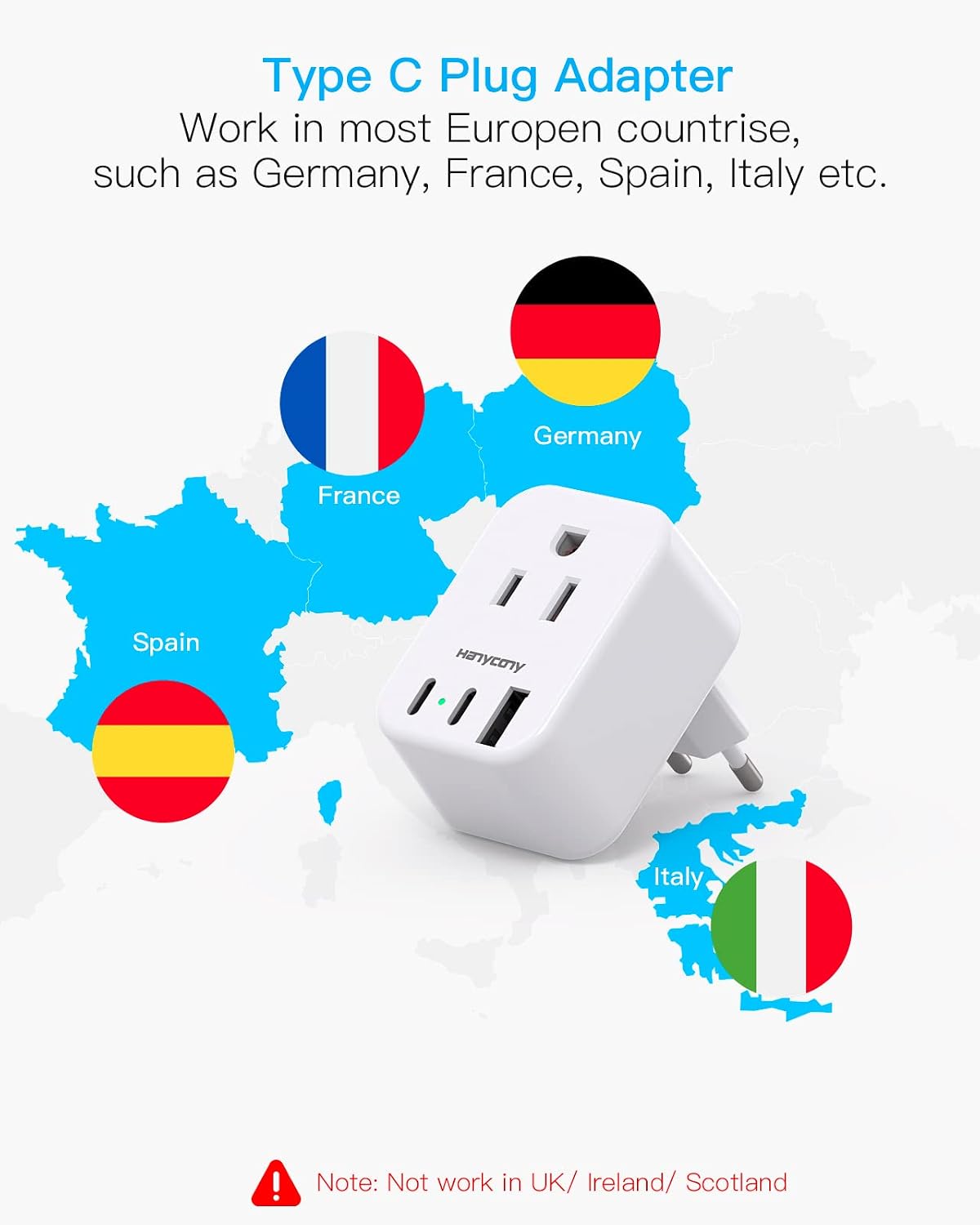 European Travel Plug Adapter, International Power Adapter, US to Europe | HANYCONY 2 Outlets 3 USB Ports(2 USB C), Type C Plug Adapter to Italy Spain France Portugal Iceland Germany Travel Essentials - Image 6