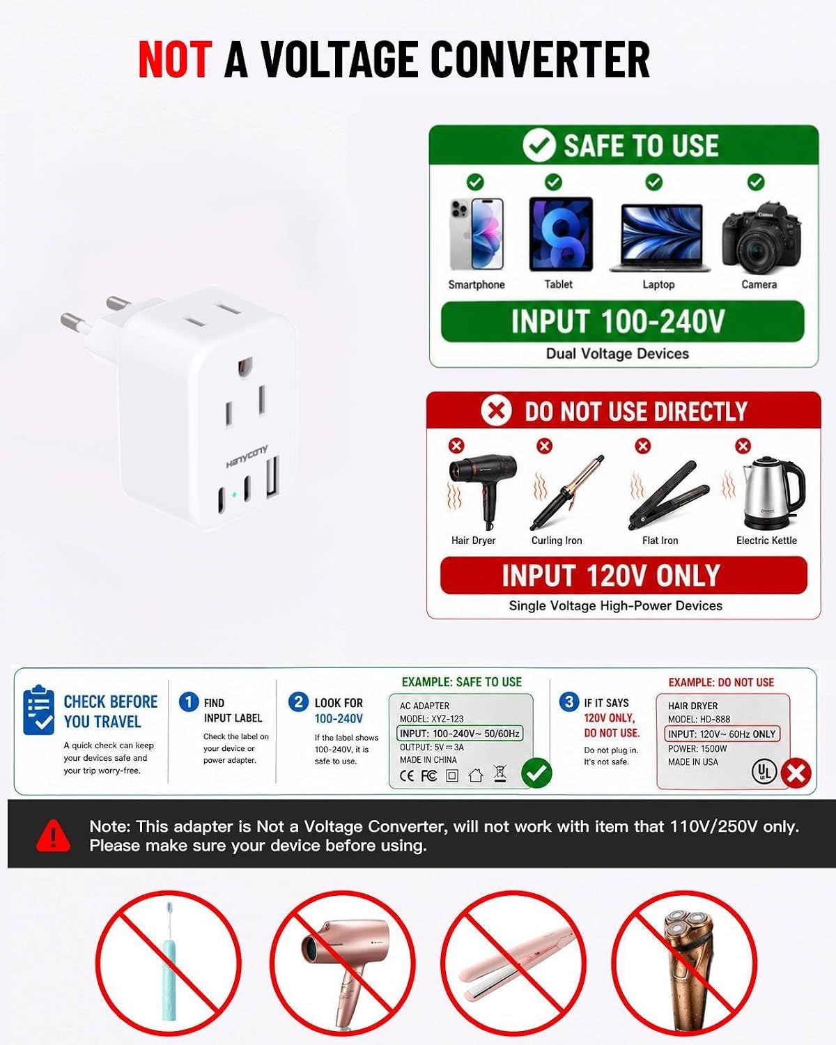 European Travel Plug Adapter, International Power Adapter, US to Europe | HANYCONY 2 Outlets 3 USB Ports(2 USB C), Type C Plug Adapter to Italy Spain France Portugal Iceland Germany Travel Essentials - Image 7