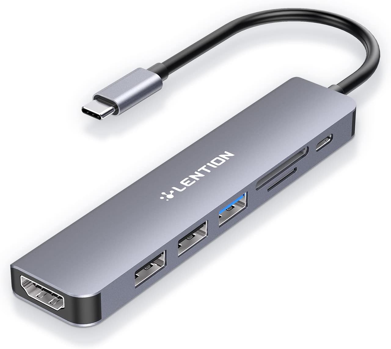 LENTION 7-in-1 USB C Hub, 4K@60Hz HDMI, 100W PD, Card Reader, USB 3.0 & 2.0 | Plug and Play, Stable Driver 3.0 Certified, for macOS, iOS/iPadOS, Windows & ChromeOS (CB-CE18, Space Gray)