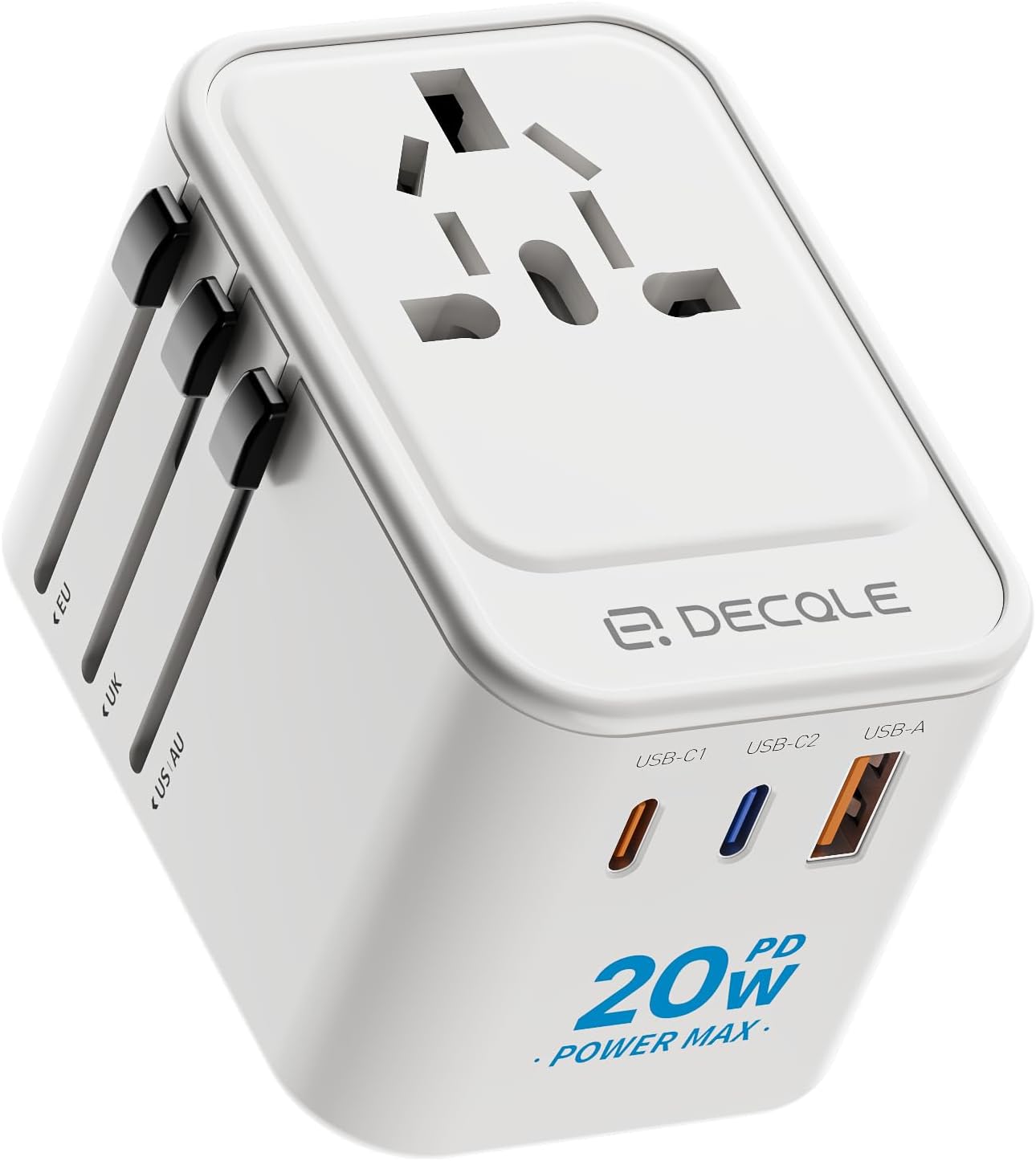 Universal Travel Adapter, 2 USB-C & 1 USB-A, Cover 200+ Countries | PD 20W, International Plug Adapter, All in One Portable Adapter, NOT A Voltage Converter, for USA, UK, EU, AU (White)