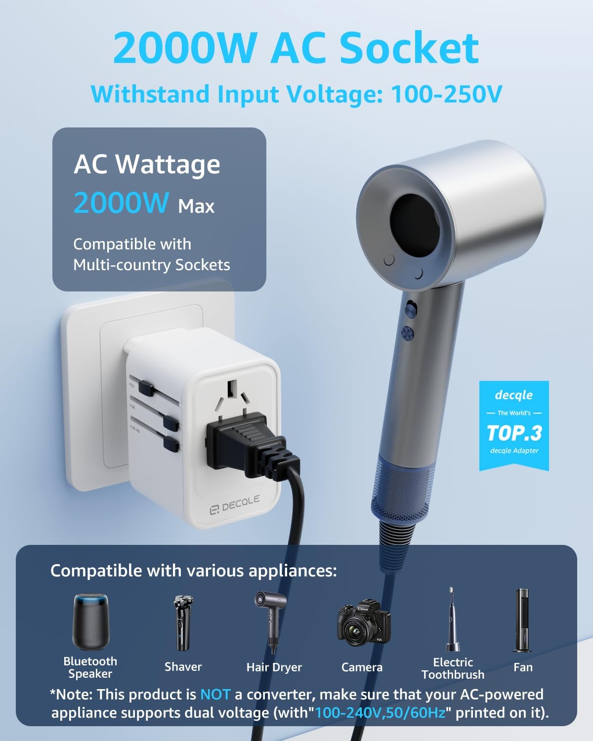 Universal Travel Adapter, 2 USB-C & 1 USB-A, Cover 200+ Countries | PD 20W, International Plug Adapter, All in One Portable Adapter, NOT A Voltage Converter, for USA, UK, EU, AU (White) - Image 2