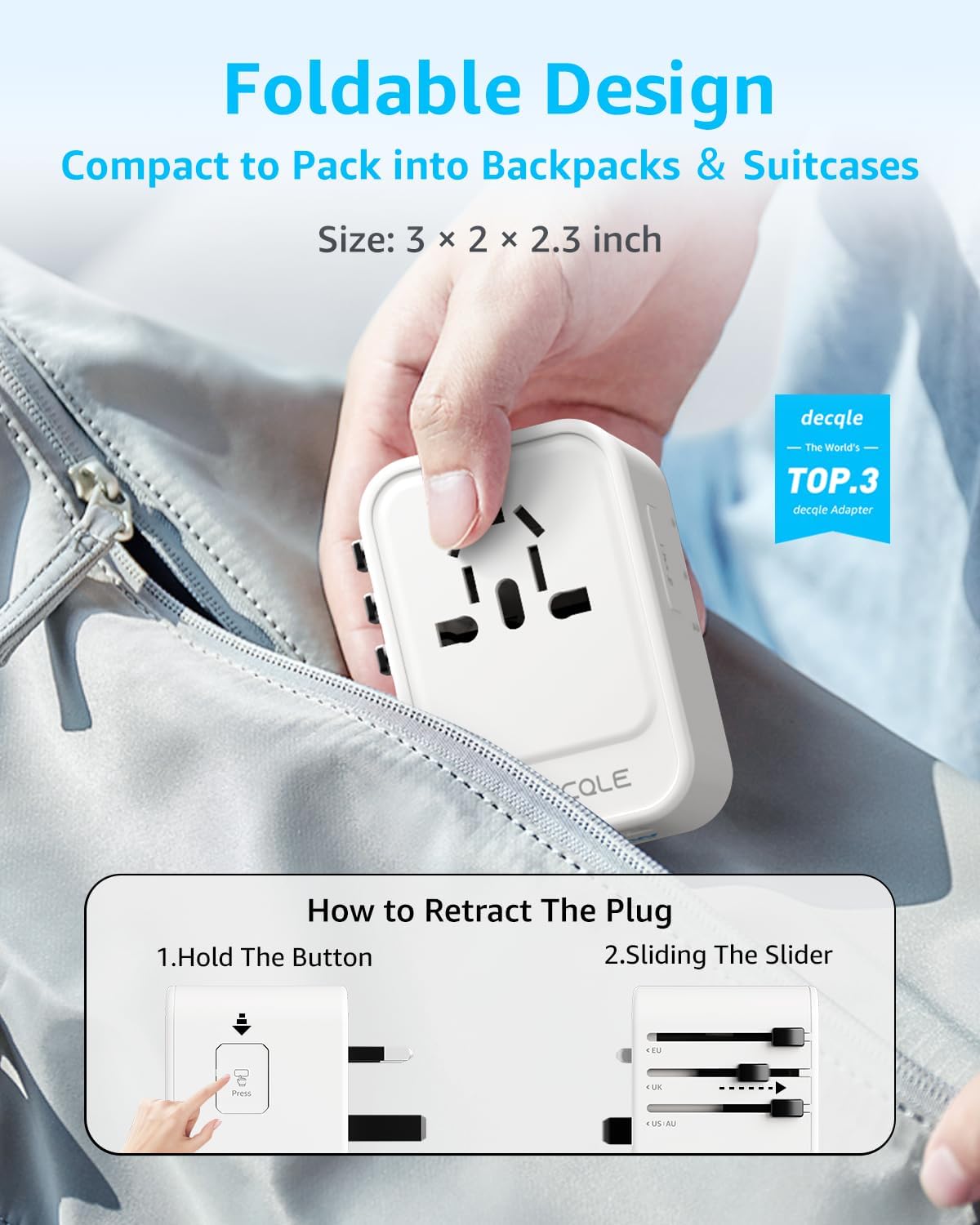 Universal Travel Adapter, 2 USB-C & 1 USB-A, Cover 200+ Countries | PD 20W, International Plug Adapter, All in One Portable Adapter, NOT A Voltage Converter, for USA, UK, EU, AU (White) - Image 4