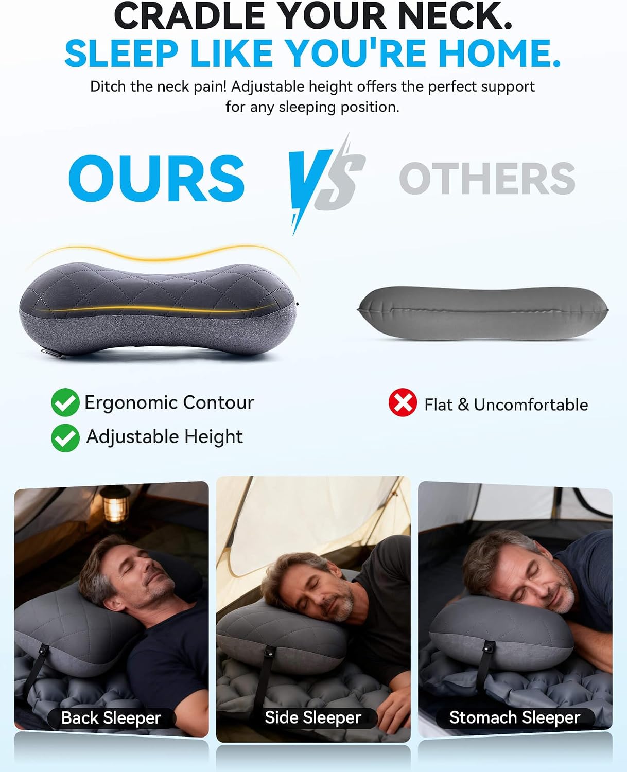 Hikenture Camping Pillow with Removable Cover, Ultralight Inflatable Pillow | Ergonomic Neck Lumber Support, Upgrade Leakproof Backpacking Pillow, Portable Packable for Hiking, Beach, Travel - Image 2