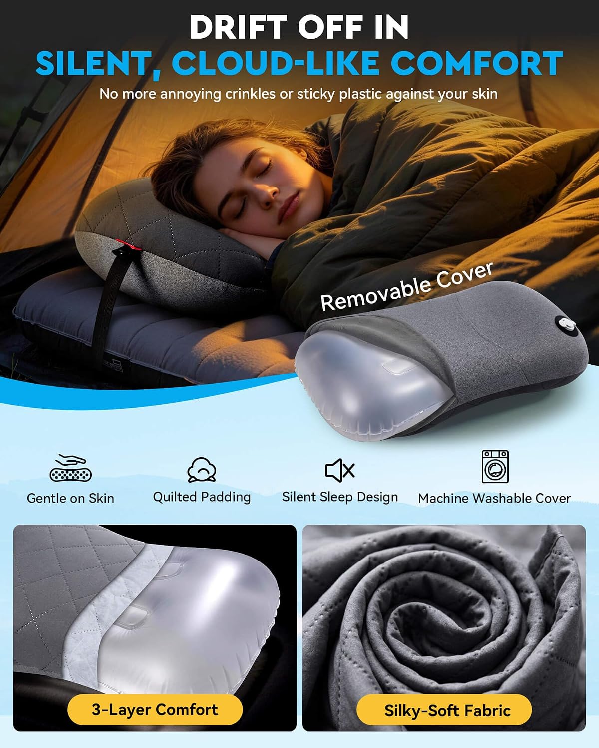 Hikenture Camping Pillow with Removable Cover, Ultralight Inflatable Pillow | Ergonomic Neck Lumber Support, Upgrade Leakproof Backpacking Pillow, Portable Packable for Hiking, Beach, Travel - Image 3
