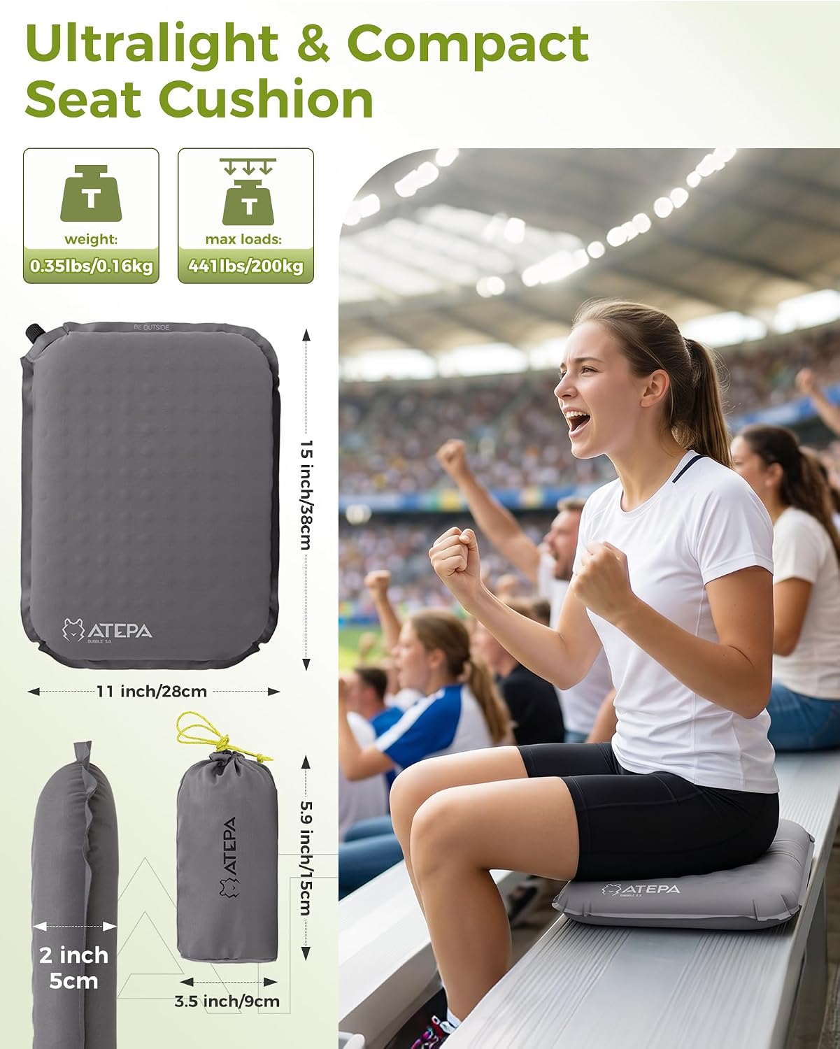 ATEPA Inflatable Seat Cushion | 2" & 2.5" Foam Core Seat Pad, Compact, Stadium, Airplane, Travel, Camping, Hiking, Sports Events - Image 2