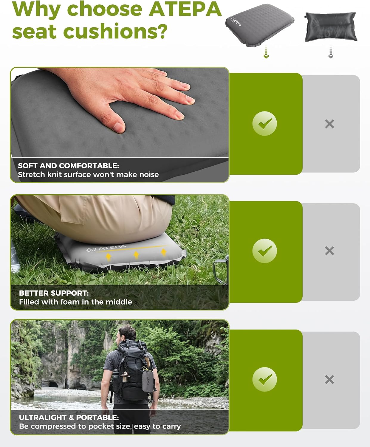 ATEPA Inflatable Seat Cushion | 2" & 2.5" Foam Core Seat Pad, Compact, Stadium, Airplane, Travel, Camping, Hiking, Sports Events - Image 4